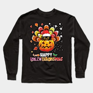 Black Cat Halloween And Merry Christmas Happy Hallothanksmas Long Sleeve T-Shirt